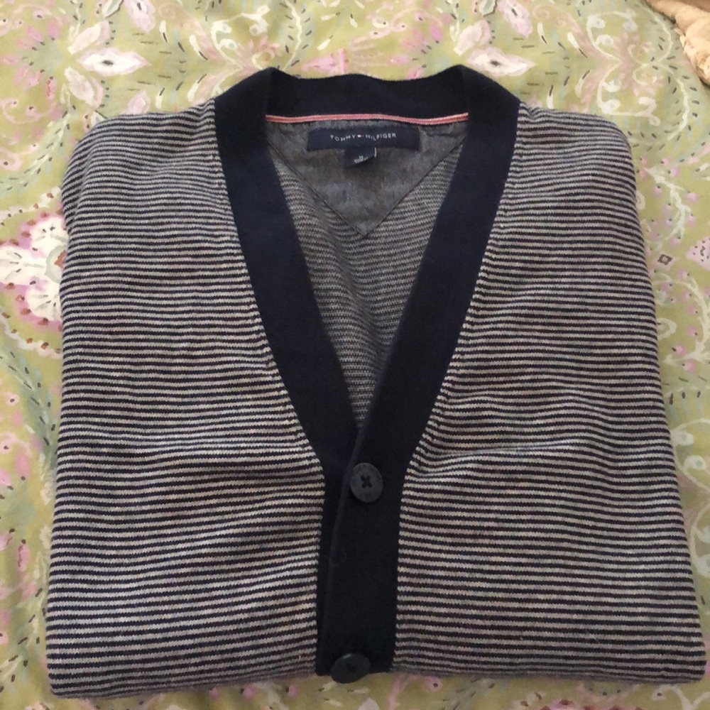 Tommy Hilfiger Men’s long sleeved, blue and white striped cardigan, size M